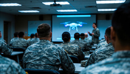 Fototapeta premium Soldiers sit in rows facing a screen where a presentation on drones takes place. An instructor stands at the front explaining details about the technology and its uses