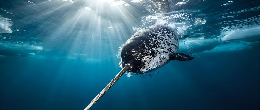 Majestic narwhal swimming in deep blue arctic waters with dramatic sunbeams piercing through ocean surface creating ethereal underwater lighting atmosphere.