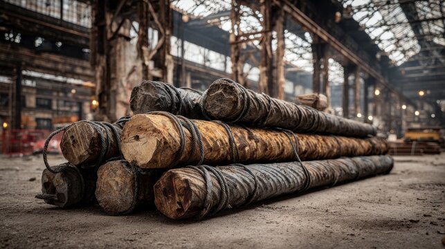 Stacked Rebar Bundles Secured with Wire Ties at Industrial Construction Site