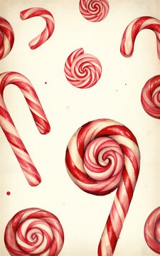 Red and white candy canes swirl in a festive vintage illustration.