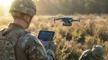Fototapeta premium A soldier controls a drone using a tablet in a field during a training exercise. The sun sets in the background while another soldier watches closely nearby