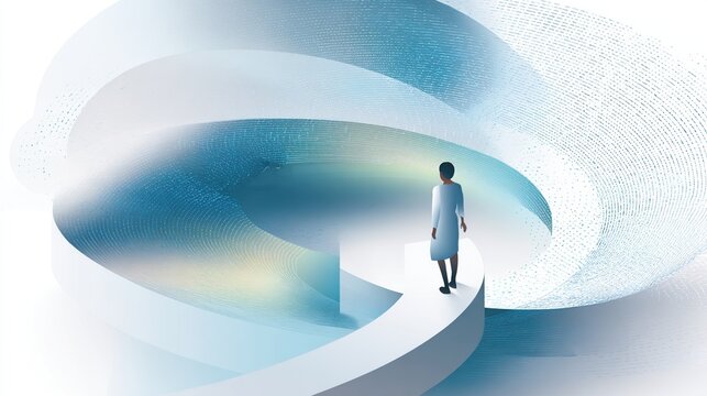 A lone figure walks along a curving, futuristic pathway within a luminous, abstract architectural space.
