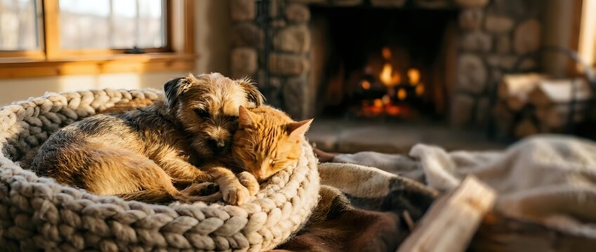 Orange tabby cat sleeping peacefully in cozy knitted basket by warm fireplace creating perfect hygge atmosphere for relaxation and comfort at home.