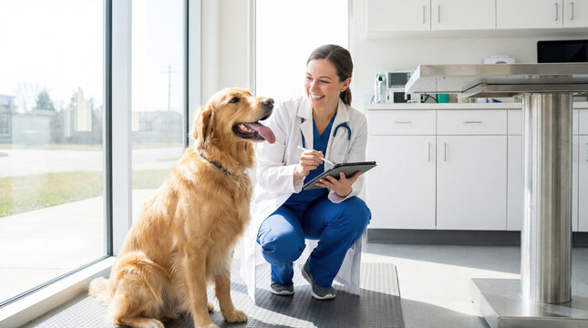 A veterinarian kneels beside a golden retriever in a clean clinic. The dog looks happy. The vet smiles and holds a tablet, checking information about the pet