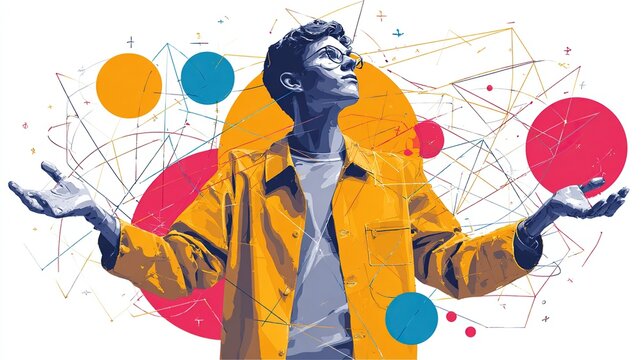 Forward-thinking young man in yellow jacket visualizing geometric connections and digital networks with outstretched hands