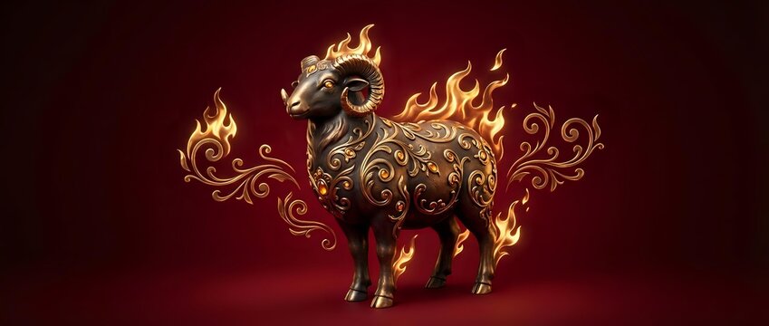 Golden ornate bull sculpture with decorative flames and swirls on dark red background for luxury branding and festive celebrations.