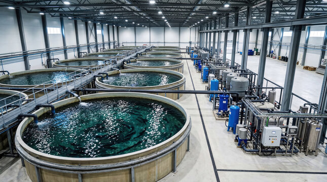 A fish farming facility shows multiple circular tanks filled with water. Workers are engaged in activities related to fish cultivation. Water filtration systems are visible in the background