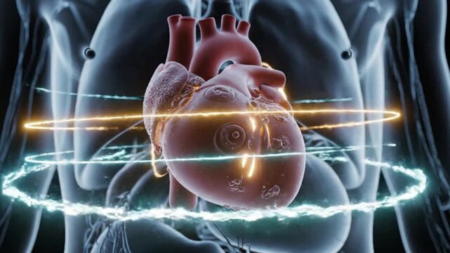 Future of Cardiology and Advanced Diagnostics, 3D Holographic Heart Scanning with Glowing Energy Rings in Human Torso