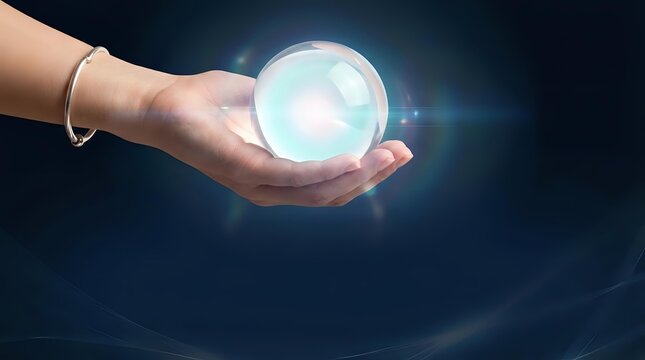 Female hand holding glowing orb of light with magical energy effects on dark background for fantasy and spiritual concepts.