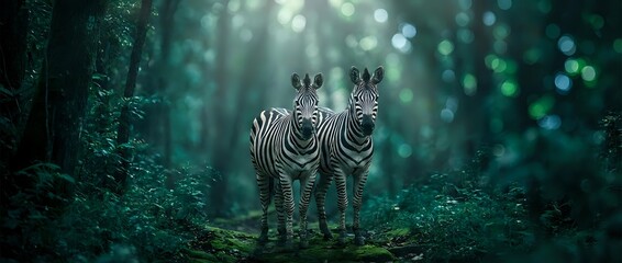 Fototapeta premium Two zebras standing together in mystical forest with sunbeams filtering through dense green foliage creating magical atmosphere for wildlife photography.
