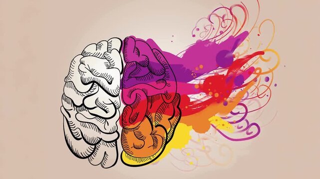 Conceptual brain illustration showing artistic right hemisphere and logical left hemisphere with contrasting colors, symbols, and cognitive functions representing creativity and analys