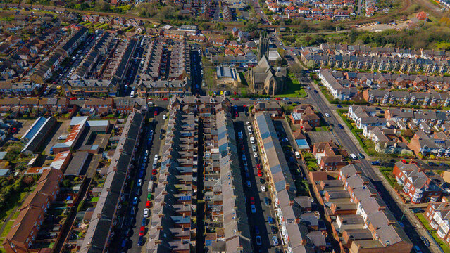Aerial view over parallel terrace streets in Saltburn town