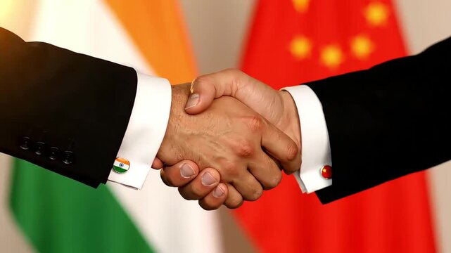 handshake between india and china leaders in front of national flags