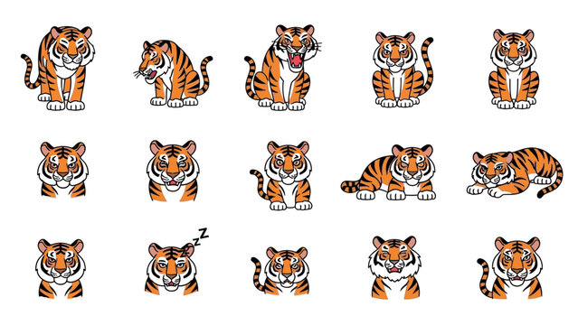 Collection of various tiger emojis in different poses and expressions on a white background.