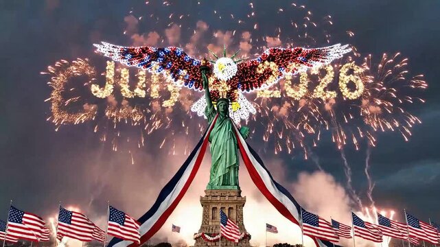 independence day celebration at statue of liberty with eagle drone show and fireworks