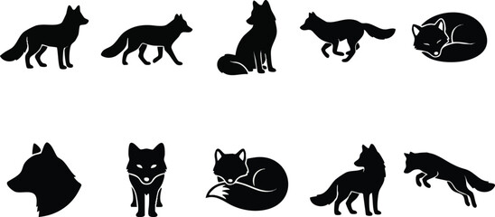 Naklejka premium Set of Ten Black Fox Silhouettes in Various Poses.