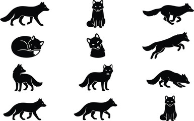 Fototapeta premium Twelve Black Fox Silhouettes in Various Poses on White.