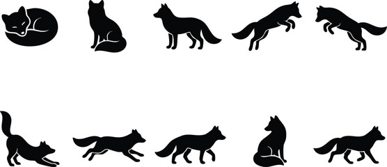 Fototapeta premium Ten Black Fox Silhouettes in Various Poses on a White Background.