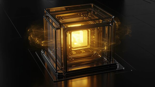 Quantum Technology: An artistic representation of a central processing unit encased within a translucent cube, with energy emanating outward.