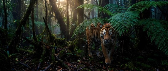 Obraz premium Majestic tiger walking through dense tropical rainforest with sunlight filtering through lush green ferns and vegetation creating dramatic natural lighting.