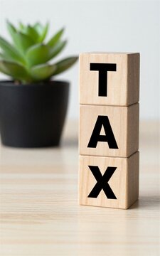 Wooden blocks spell "TAX" on a desk with a potted plant in the