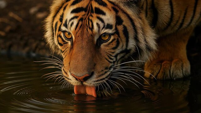Tiger Quenching Thirst: A striking tiger, its intense gaze fixed, drinks water. The tiger's beautiful markings are on display as it quenches its thirst in tranquil water.