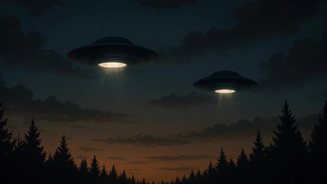 Unidentified Aerial Phenomena Over Forest: Mysterious flying saucers hover above a shadowy forest at dusk, emitting an otherworldly glow that illuminates the dark.