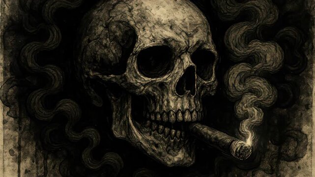 Memento Mori: An artistic monochrome depiction of a skull smoking a cigar. A poignant exploration of mortality and the ephemeral nature of life.
