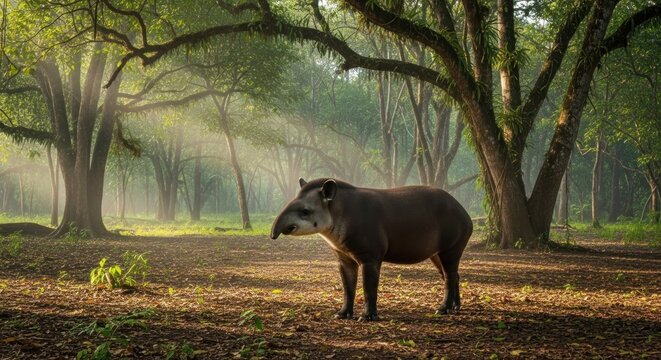 Tapir Standing Alone in Forest Clearing.