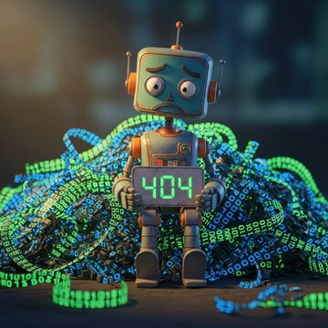 Sad robot with 404 error sign and digital binary code data