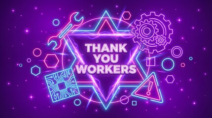 Naklejka premium Glowing neon sign expressing gratitude to workers surrounded by mechanical tool symbols.