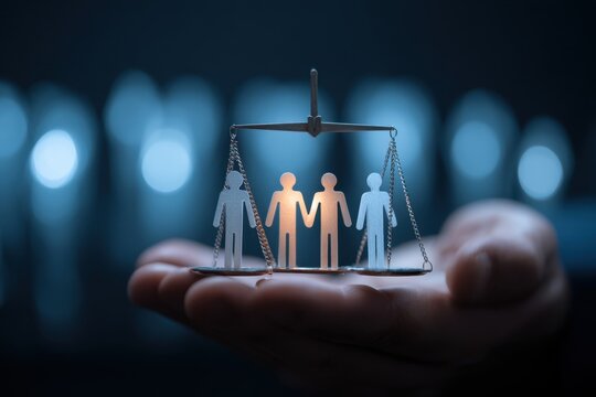 Hand Holding Scales of Justice with Human Figures for Data Rights Legal Protection and Fairness