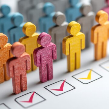 Colorful Wooden Human Figures with Checkmarks on Compliance Checklist for HR and Diversity Concept