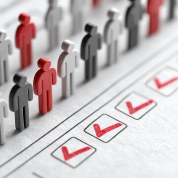 Red and Gray 3D Human Figures with Red Checkmarks on Compliance Checklist for HR Regulatory Use