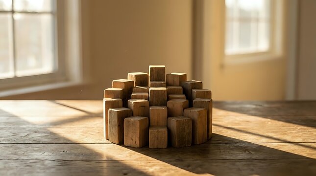 Wooden building blocks arranged in pyramid formation on rustic table with warm sunlight streaming through windows creating cozy indoor atmosphere.