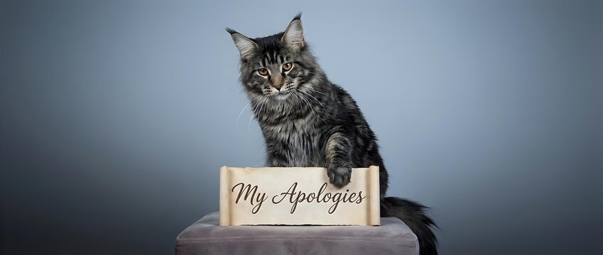 Tabby cat sitting behind wooden box with apologies text on gray background. Domestic pet expressing regret and sorry emotions for pet owners.