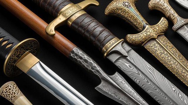 Close-up view of a collection of ornate, antique swords with intricate designs and details.
