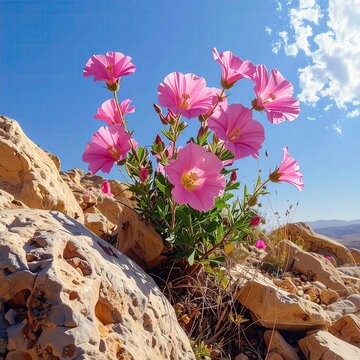 Pink rockrose flowers blooming amidst rocky desert landscape against a clear blue sky with scattered clouds in springtime sunlight