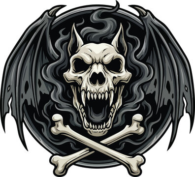 Fanged Demonic Skull with Bat Wings and Crossbones.