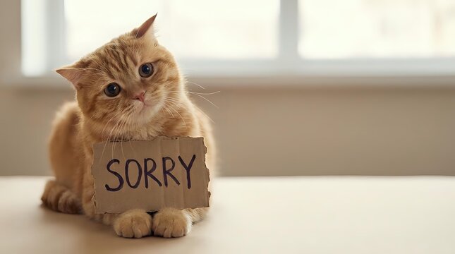 Adorable orange tabby kitten with apologetic expression holding cardboard sorry sign, sitting on wooden floor near bright window for pet humor concepts.