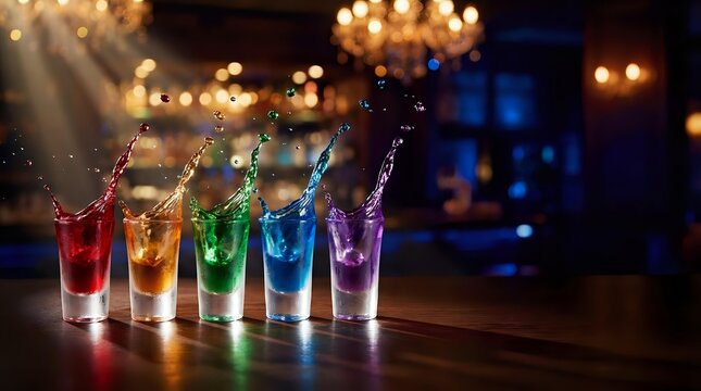 Colorful cocktail shots with splashing liquid in row of glasses on bar counter in elegant restaurant with warm bokeh lighting background.