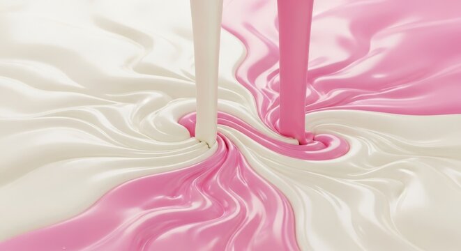 Heavy rivers of melted vanilla and strawberry ice cream collide and intersect in viscous streams, creating a swirl of pastel liquid textures, flowing, pastel, liquid