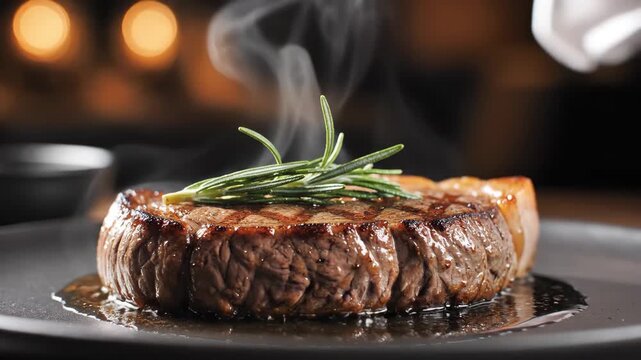 Close-up of steak being garnished with rosemary