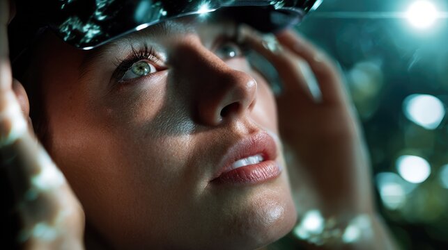 Gazing Towards Future: A woman gazes upward with eyes filled with awe, perhaps at something wondrous or futuristic, her expression conveying a sense of anticipation and wonder. 