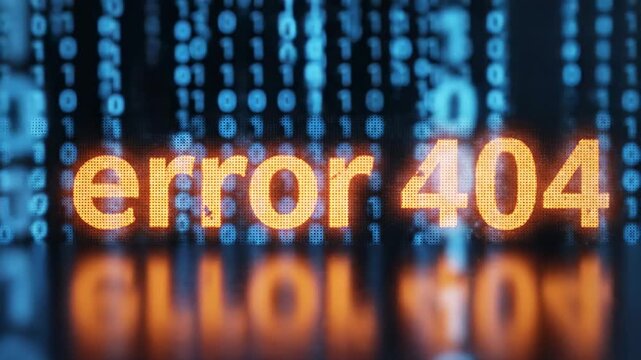 This features a digital error screen with a prominent error 404 message displayed on a background of binary code in blue and orange hues, illustrating technical difficulties and connectivity issues in
