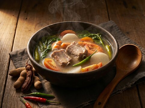 A steaming bowl of authentic Filipino Sinigang, a savory and sour soup with pork, radish, tomatoes, and greens, presented on a rustic wooden background with tamarind and chili.