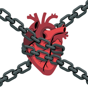 A human heart is constricted by chains, symbolizing emotional entrapment.