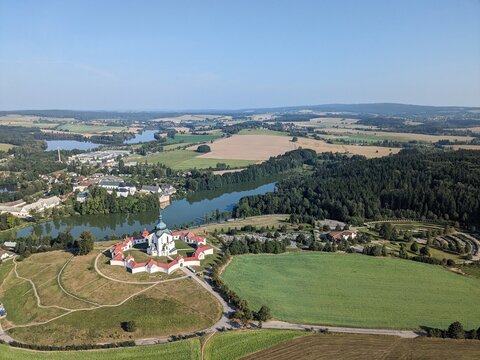 Aerial panorama landmar view of the Church of Saint John of Nepomuk at Zelena Hora near Zdar nad Sazavou, UNESCO World Heritage Baroque Gothic pilgrimage church designed by Jan Santini Aichel