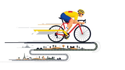 Fototapeta premium Illustration of a cyclist riding a bicycle with motion lines on a white background with cityscape silhouettes.