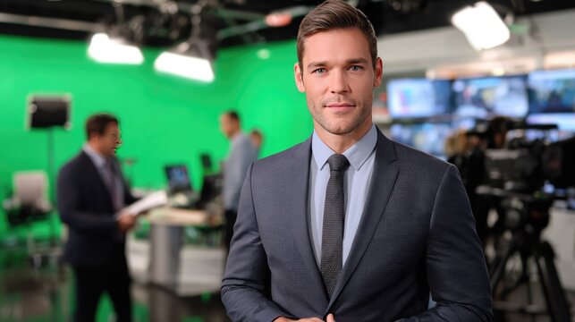 Anchorman on Set: A confident male news anchor stands poised, emanating professionalism as he addresses the camera within a vibrant studio setting. 